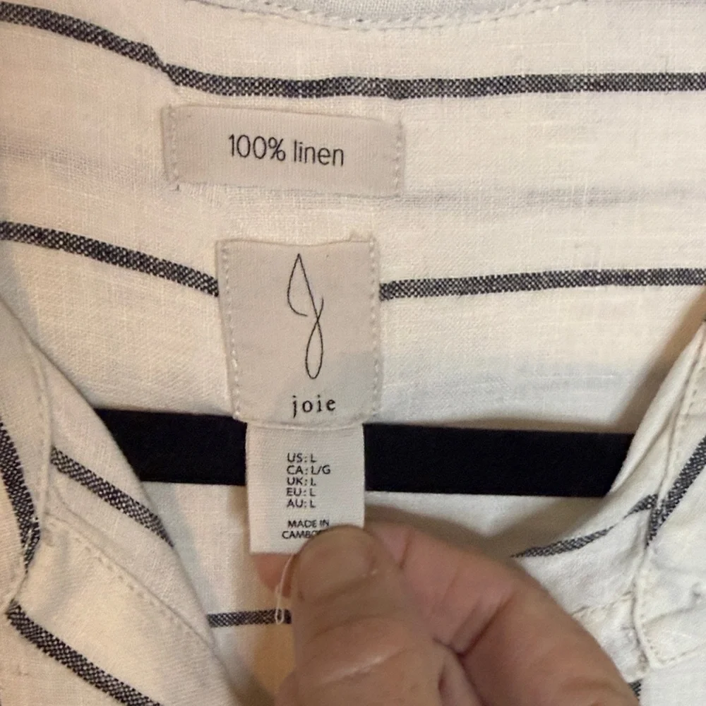Joie Ivory and Navy Striped Button Down 100% Linen Shirt - Picture 2 of 5
